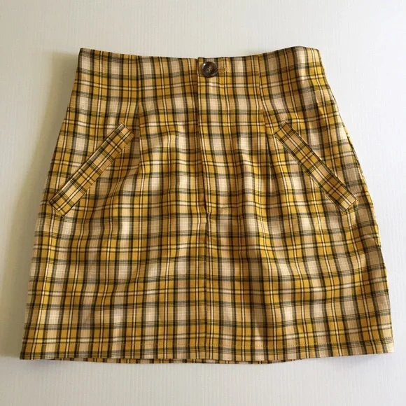 BOOHOO womens 10 checked mustard yellow twee plaid mini pockets retro vibe NEW - Picture 11 of 12